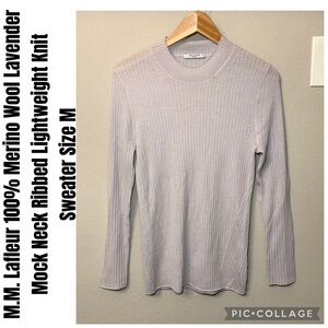 M.M. Lafleur 100% Merino Wool Lavender Mock Neck Ribbed Lightweight Knit Sweater